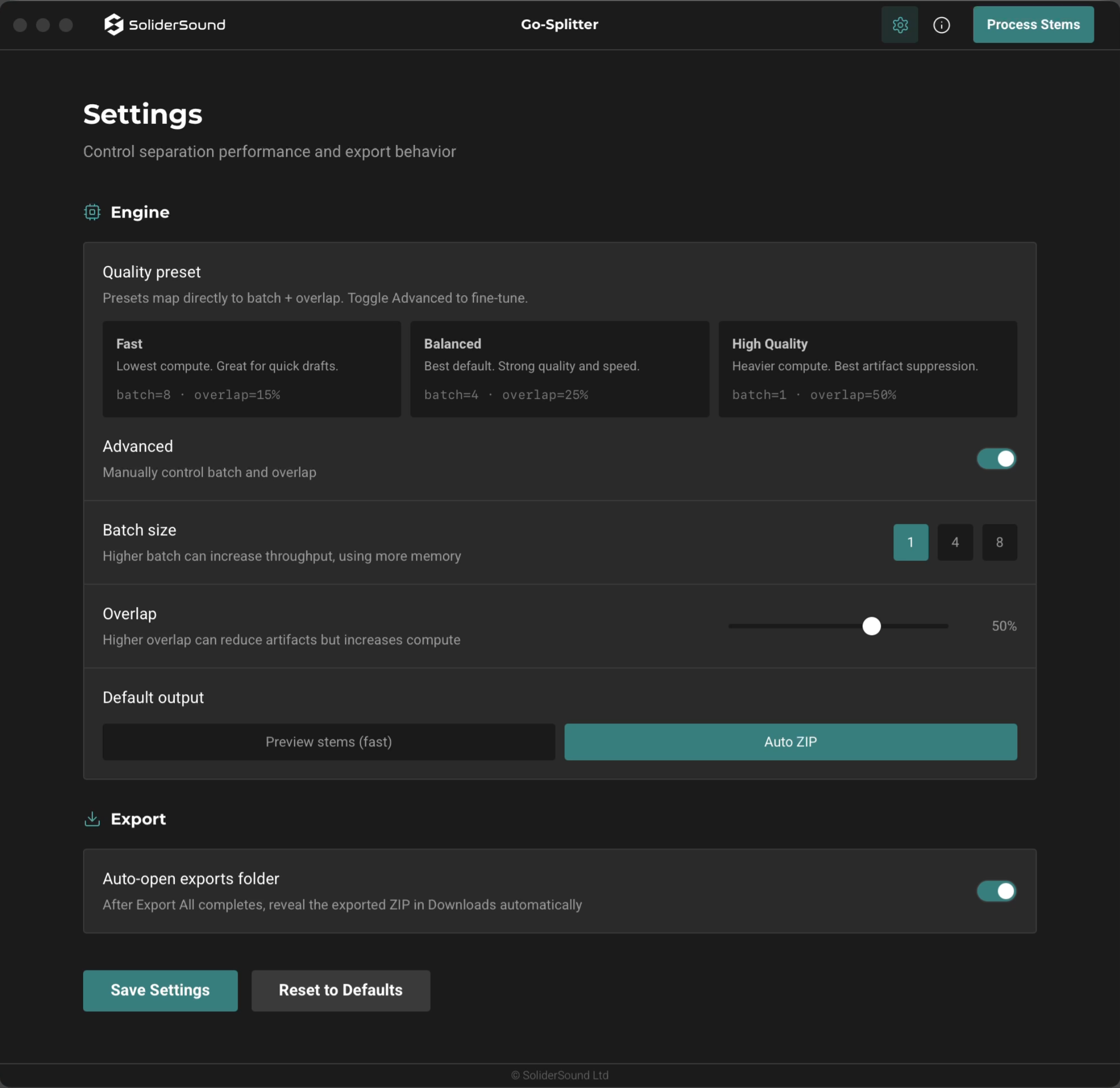 Go‑Splitter settings and quality controls